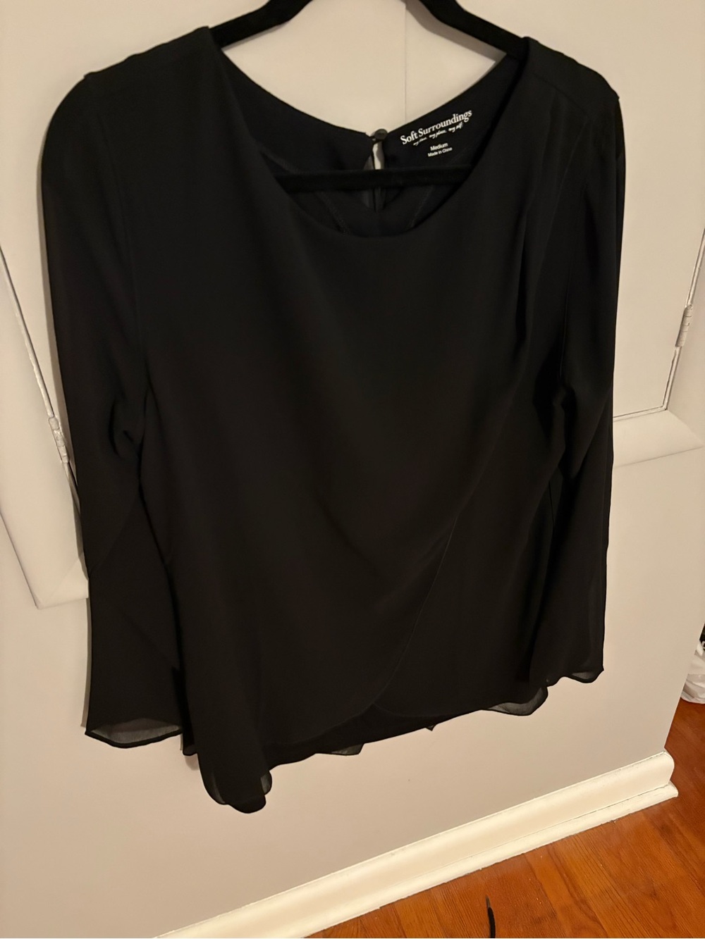 Soft Surroundings Black Long-Sleeve Chiffon Wrap-Front Blouse